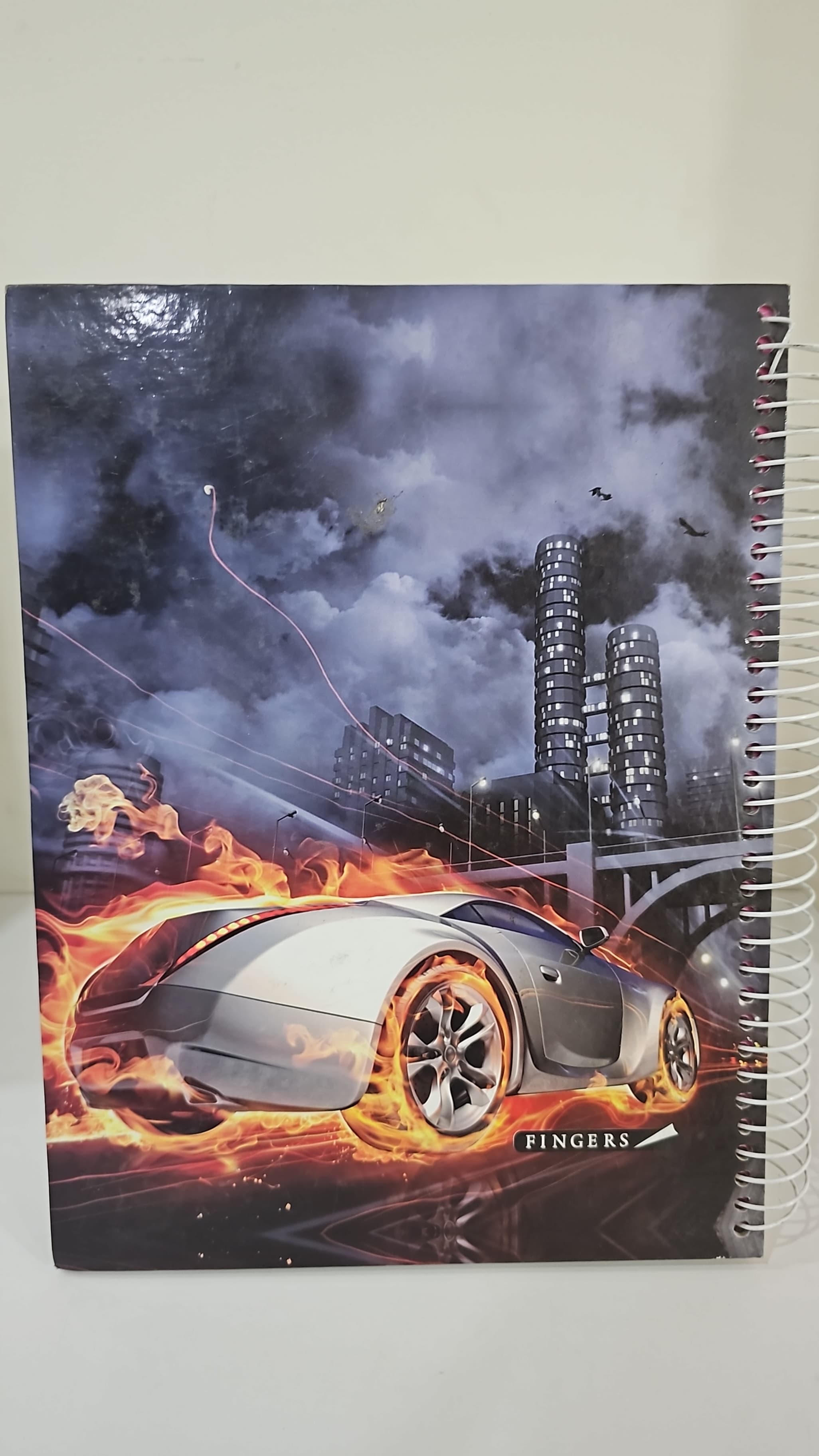 Burning Car Drawing - Copybook - A4 - 8 Subjects - Spiral Bound Hardcover - Single Line (Arabic) - 192 Pages - Opens From the Right
