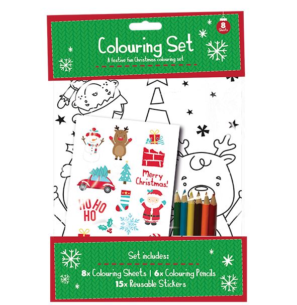 Festive Christmas Coloring Set – 8 Sheets, 6 Pencils, 15 Reusable Stickers